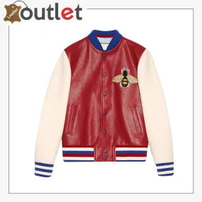 Leather Bomber Jacket with Embroidery