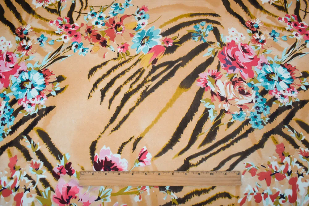 Light Peach-Brown-Multi Floral Tiger Printed Stretch Silk Jersey Knit Fabric