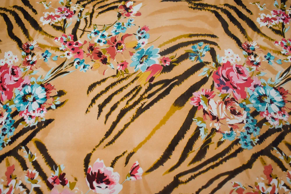 Light Peach-Brown-Multi Floral Tiger Printed Stretch Silk Jersey Knit Fabric