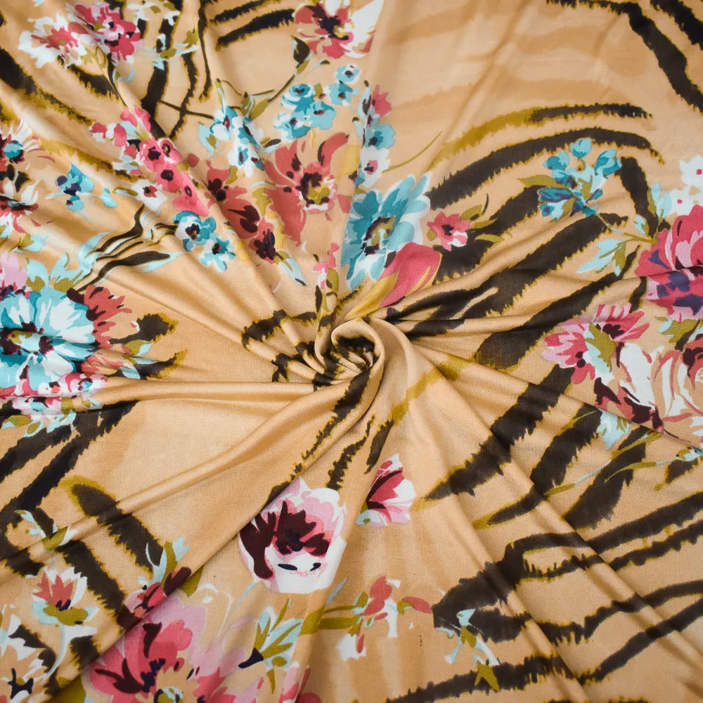 Light Peach-Brown-Multi Floral Tiger Printed Stretch Silk Jersey Knit Fabric