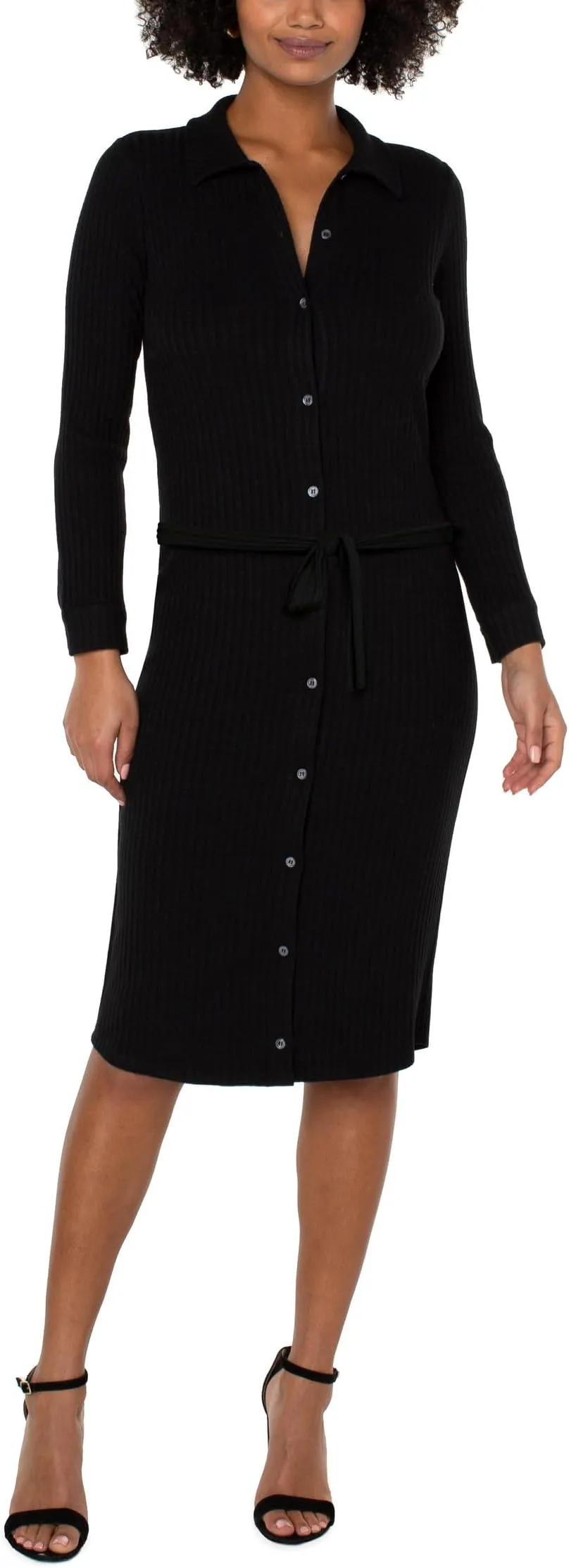 Liverpool Los Angeles Knitted Button Front Long Sleeve Shirtdress black