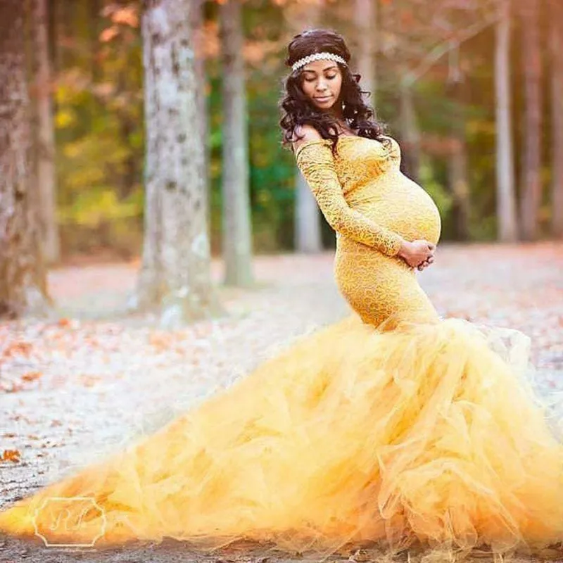 Long Sleeve Maternity Dresses Lace Maxi Dress Photography Props Dresses Splice Mesh Pregnancy Dress For Photo Shoot Clothes