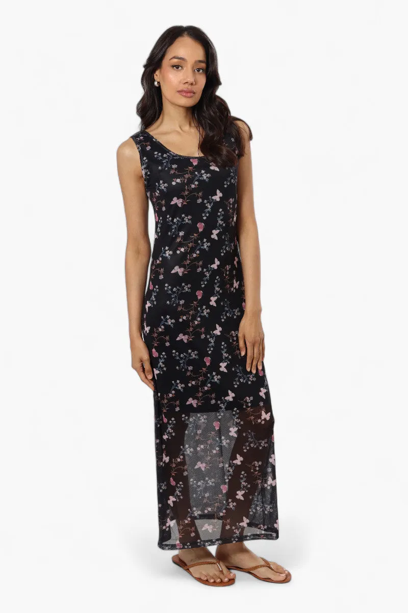 Majora Butterfly Pattern Mesh Maxi Dress - Black