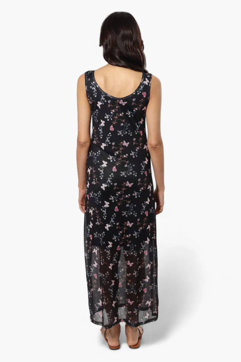 Majora Butterfly Pattern Mesh Maxi Dress - Black