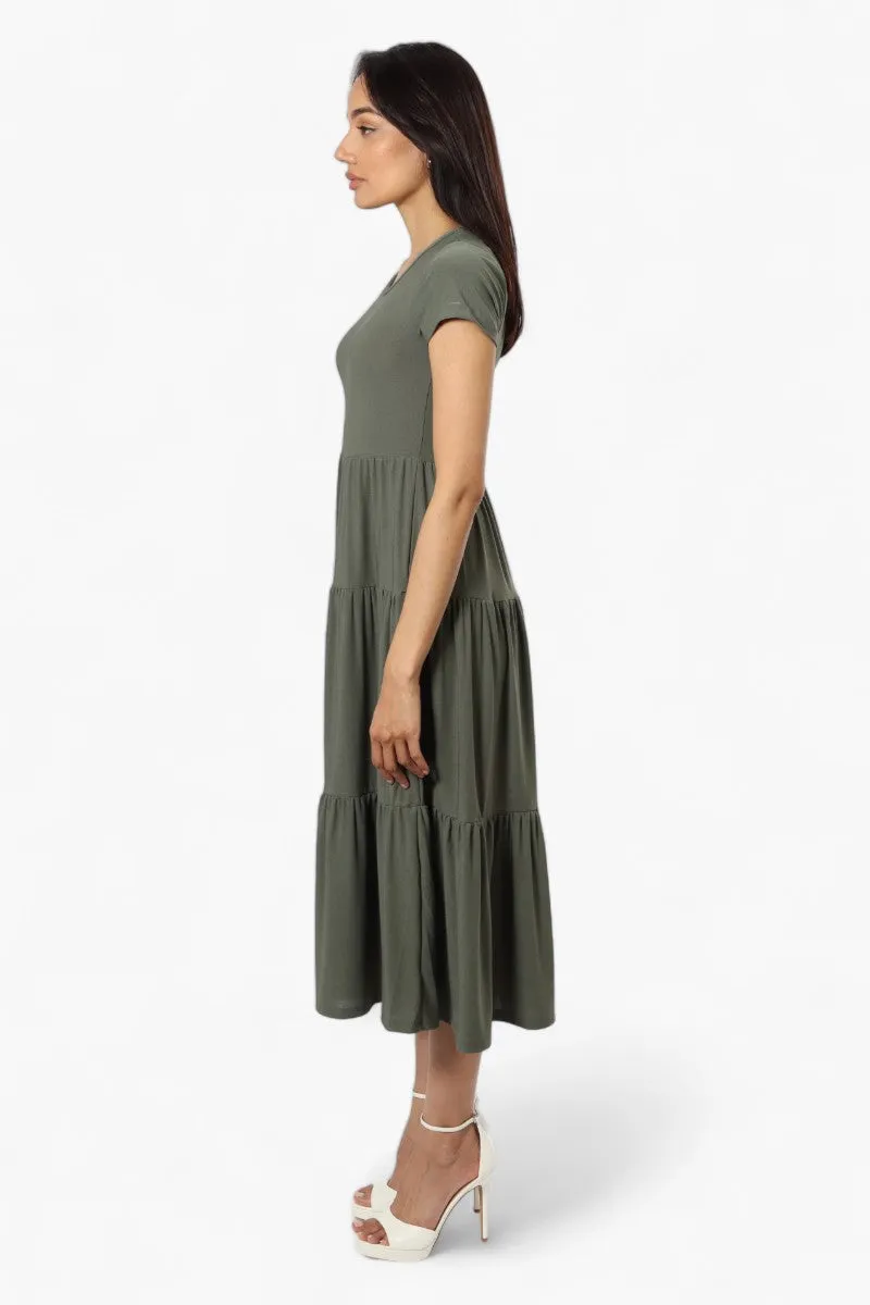 Majora Solid Cap Sleeve Tiered Maxi Dress - Olive