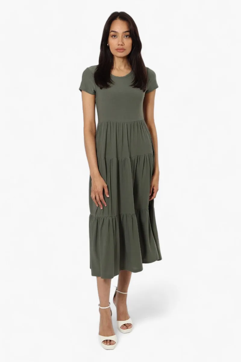 Majora Solid Cap Sleeve Tiered Maxi Dress - Olive