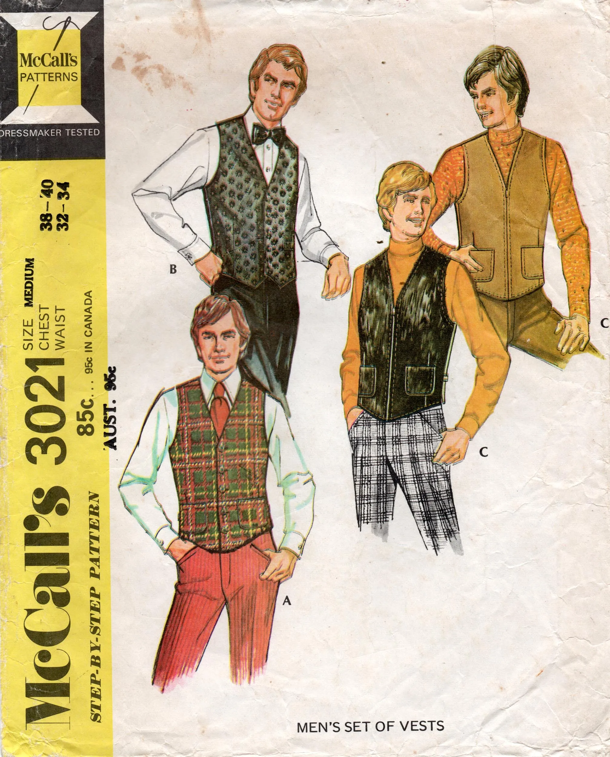 McCall's 3021 Mens Retro Lined Vests 1970s Vintage Sewing Pattern Size MEDIUM Chest 38 - 40 inches