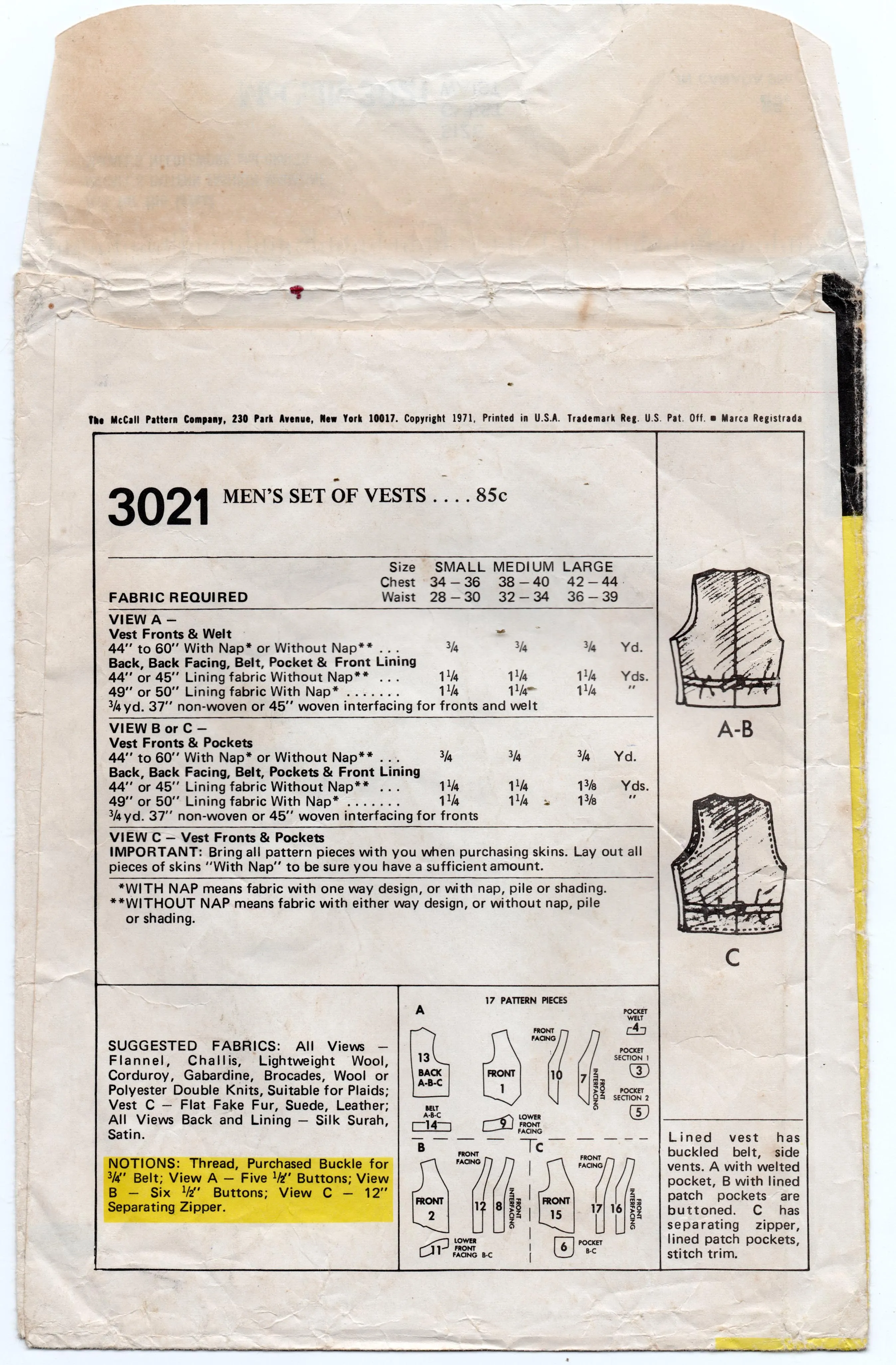 McCall's 3021 Mens Retro Lined Vests 1970s Vintage Sewing Pattern Size MEDIUM Chest 38 - 40 inches