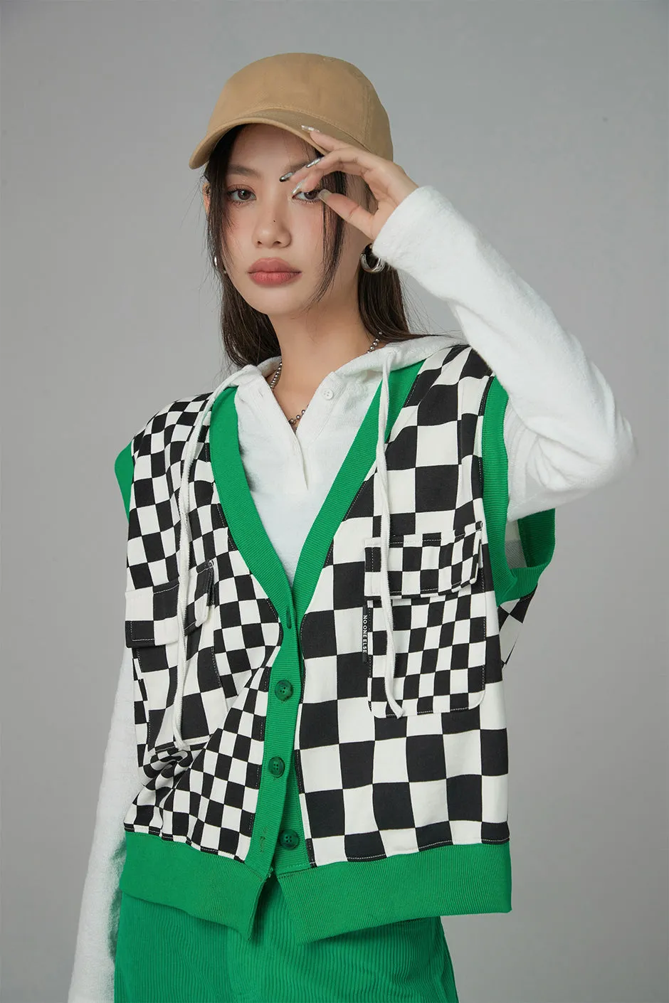 On The Starting Block Checkered Knit Vest