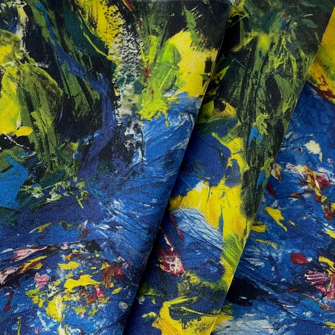 Painterly Bumblebee & Cobalt Floral Silk Crepe de Chine (Made in Italy)