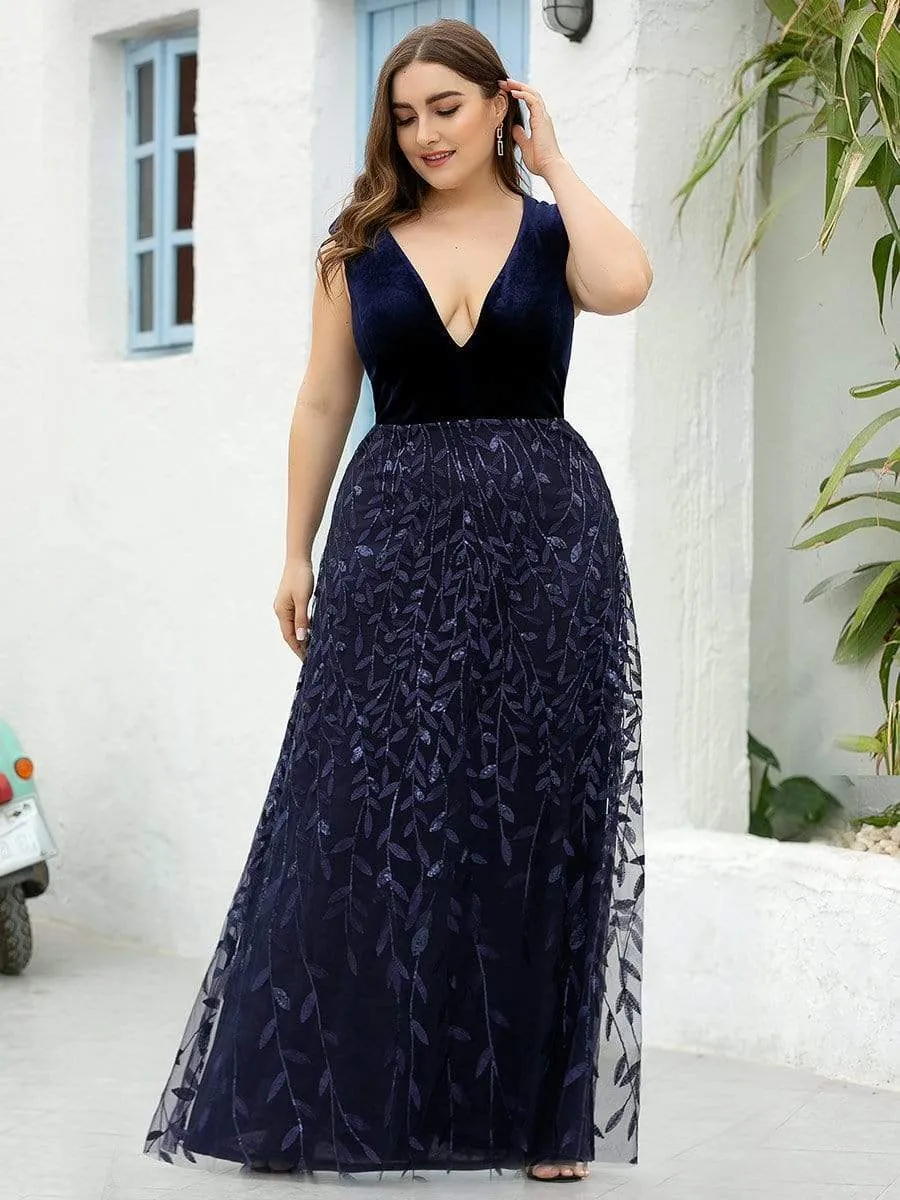 Plus Size Gorgeous Double V Neck Sequin & Velvet Embroidery Prom Dresses