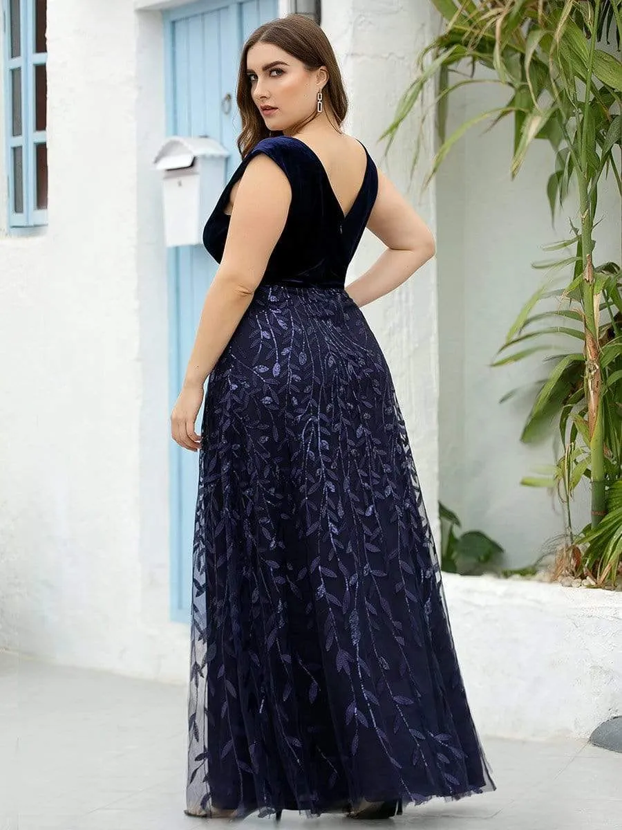 Plus Size Gorgeous Double V Neck Sequin & Velvet Embroidery Prom Dresses