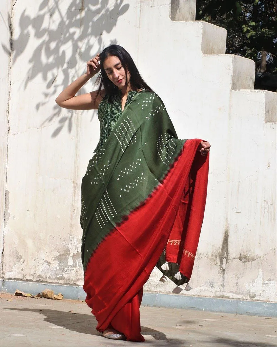 Red-Green Block Printed Modal Silk Saree