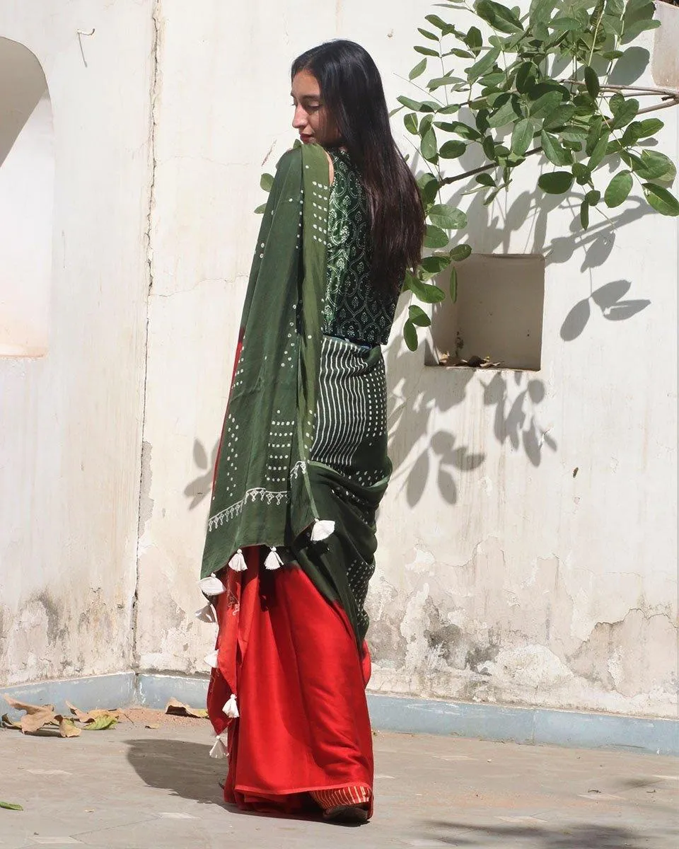 Red-Green Block Printed Modal Silk Saree