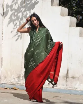 Red-Green Block Printed Modal Silk Saree