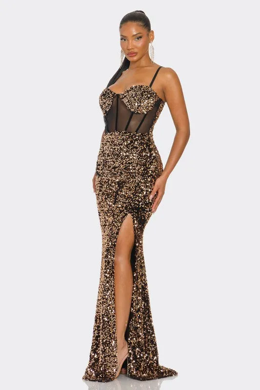 Rose Gold Cecily Teddy Velvet Corset Maxi Dress