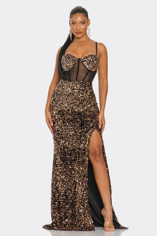 Rose Gold Cecily Teddy Velvet Corset Maxi Dress