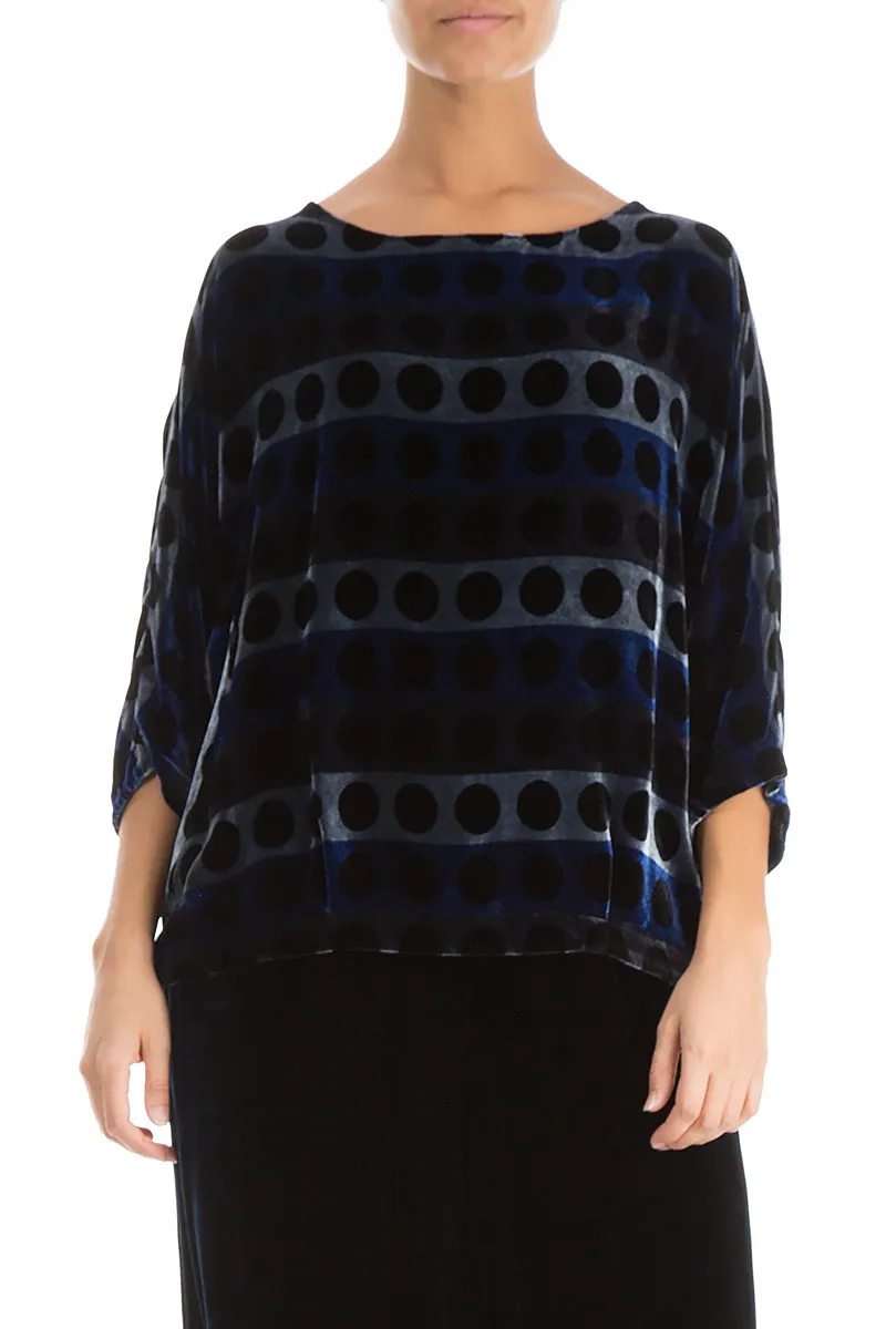 Short Patterned Blue Silk Velvet Blouse