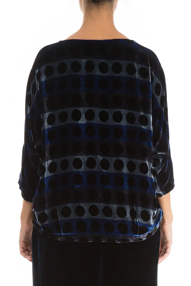 Short Patterned Blue Silk Velvet Blouse