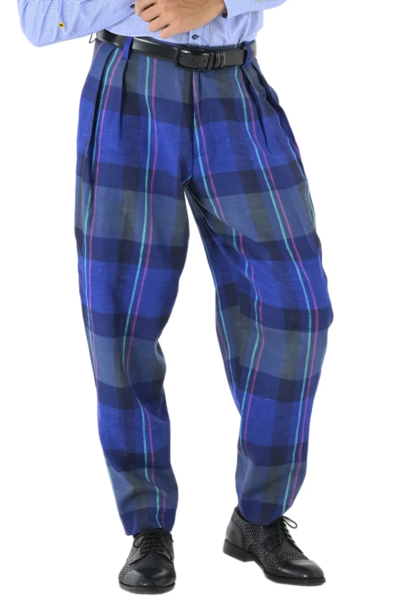 Tapered Blue Checkered Tango Pants With Two Inverted Pleats