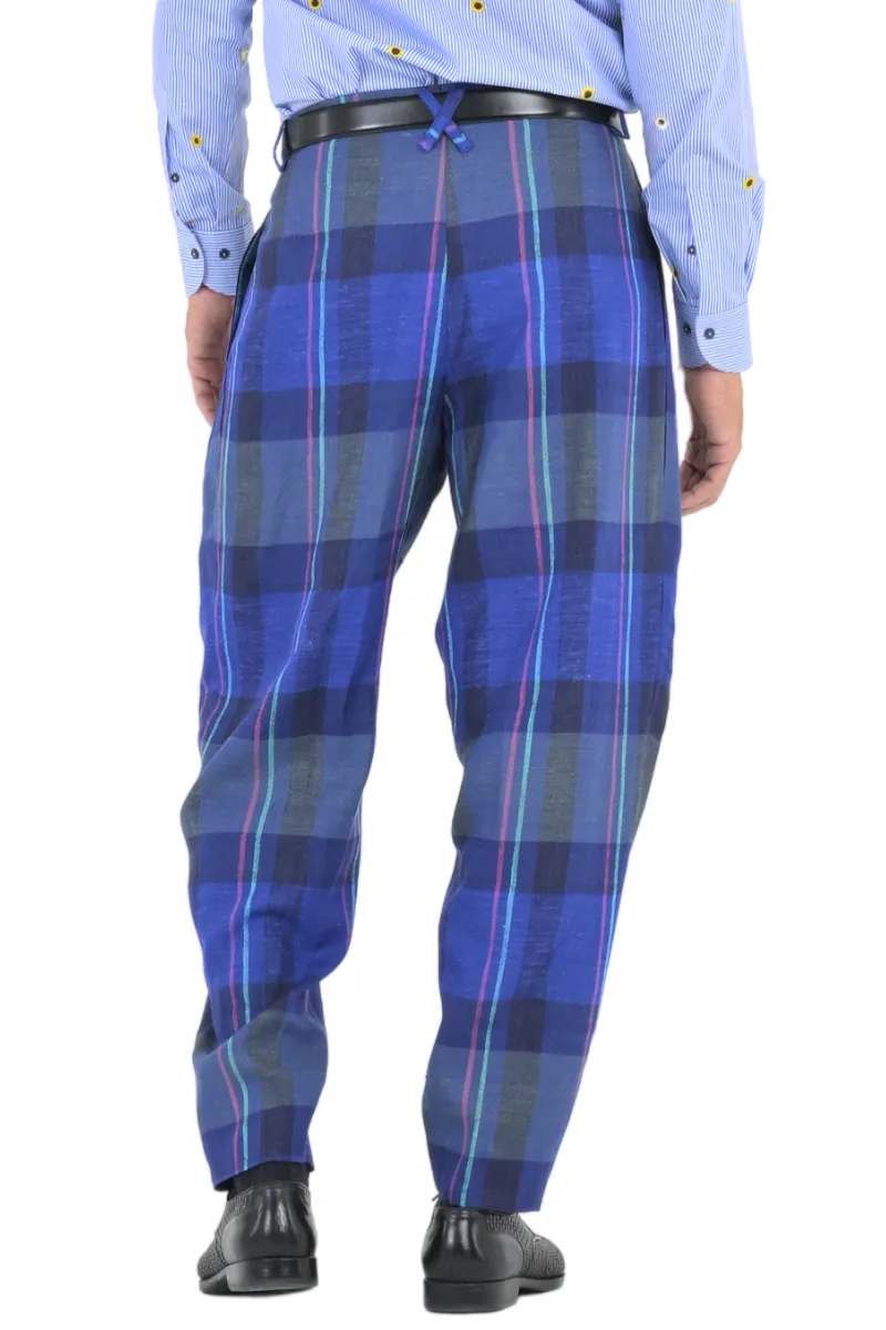 Tapered Blue Checkered Tango Pants With Two Inverted Pleats