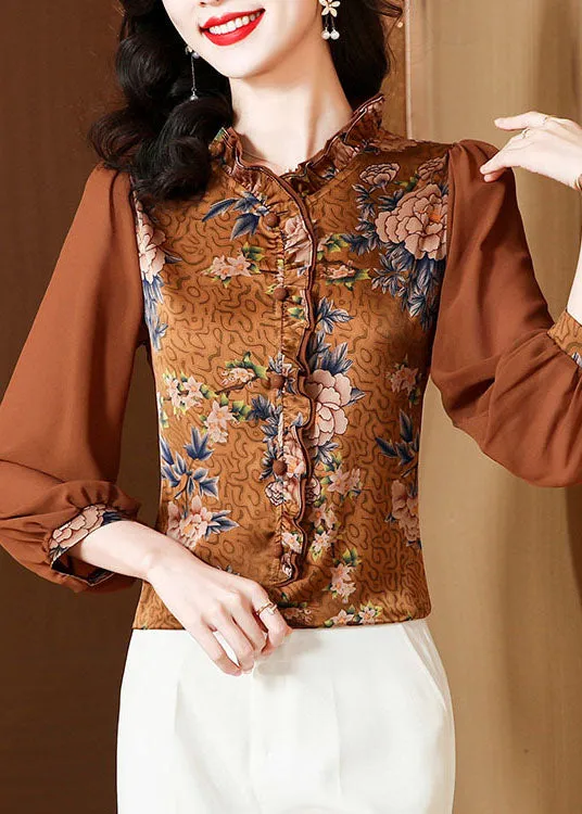 Unique Chocolate Ruffled Patchwork Print Silk Blouses Spring LC0279