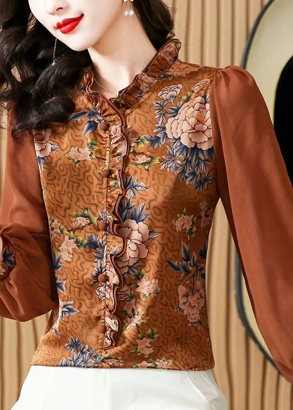 Unique Chocolate Ruffled Patchwork Print Silk Blouses Spring LC0279