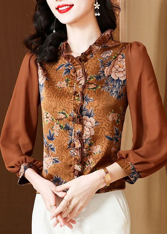 Unique Chocolate Ruffled Patchwork Print Silk Blouses Spring LC0279