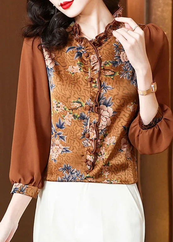 Unique Chocolate Ruffled Patchwork Print Silk Blouses Spring LC0279