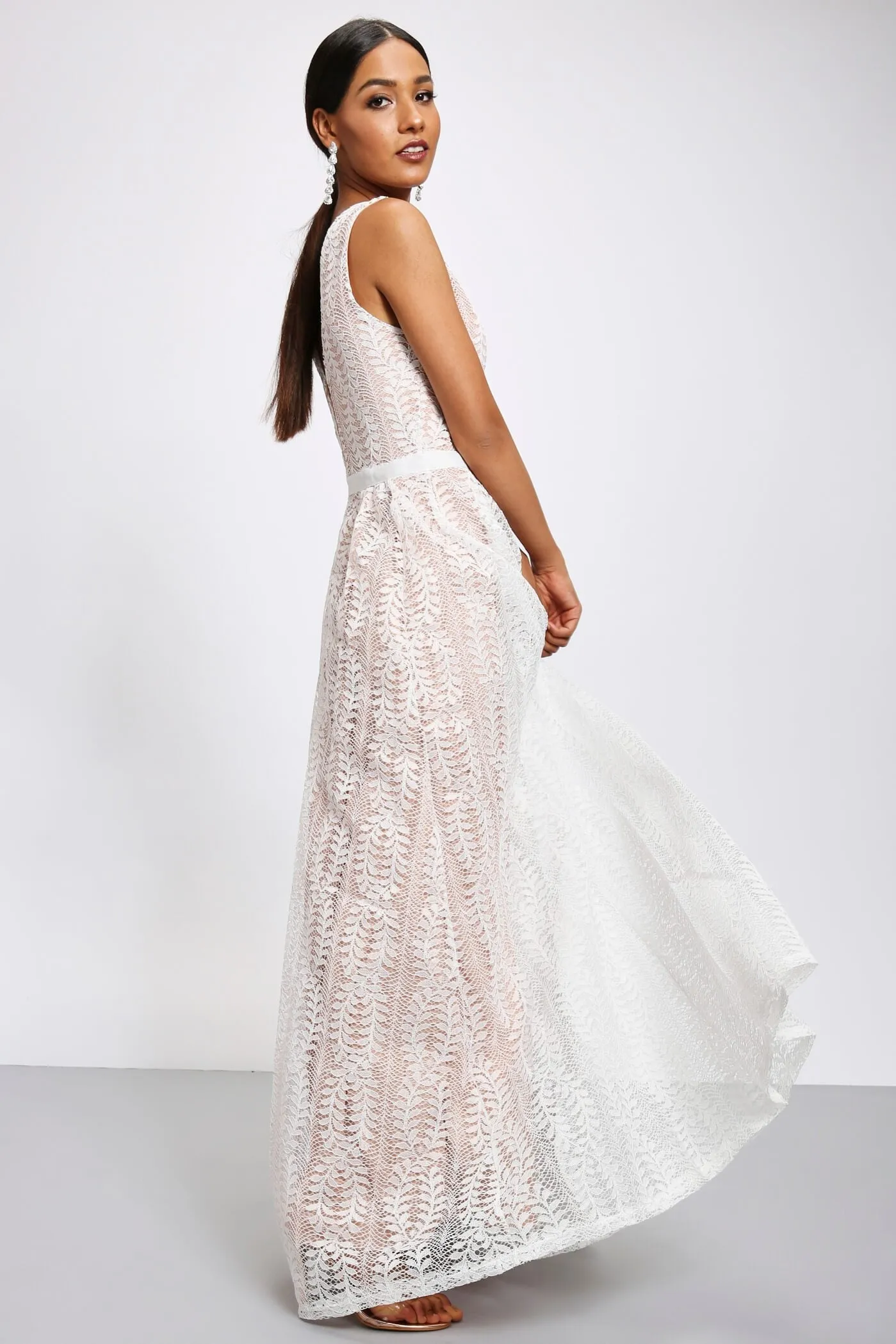 White Lace Plunge Neck Maxi Dress