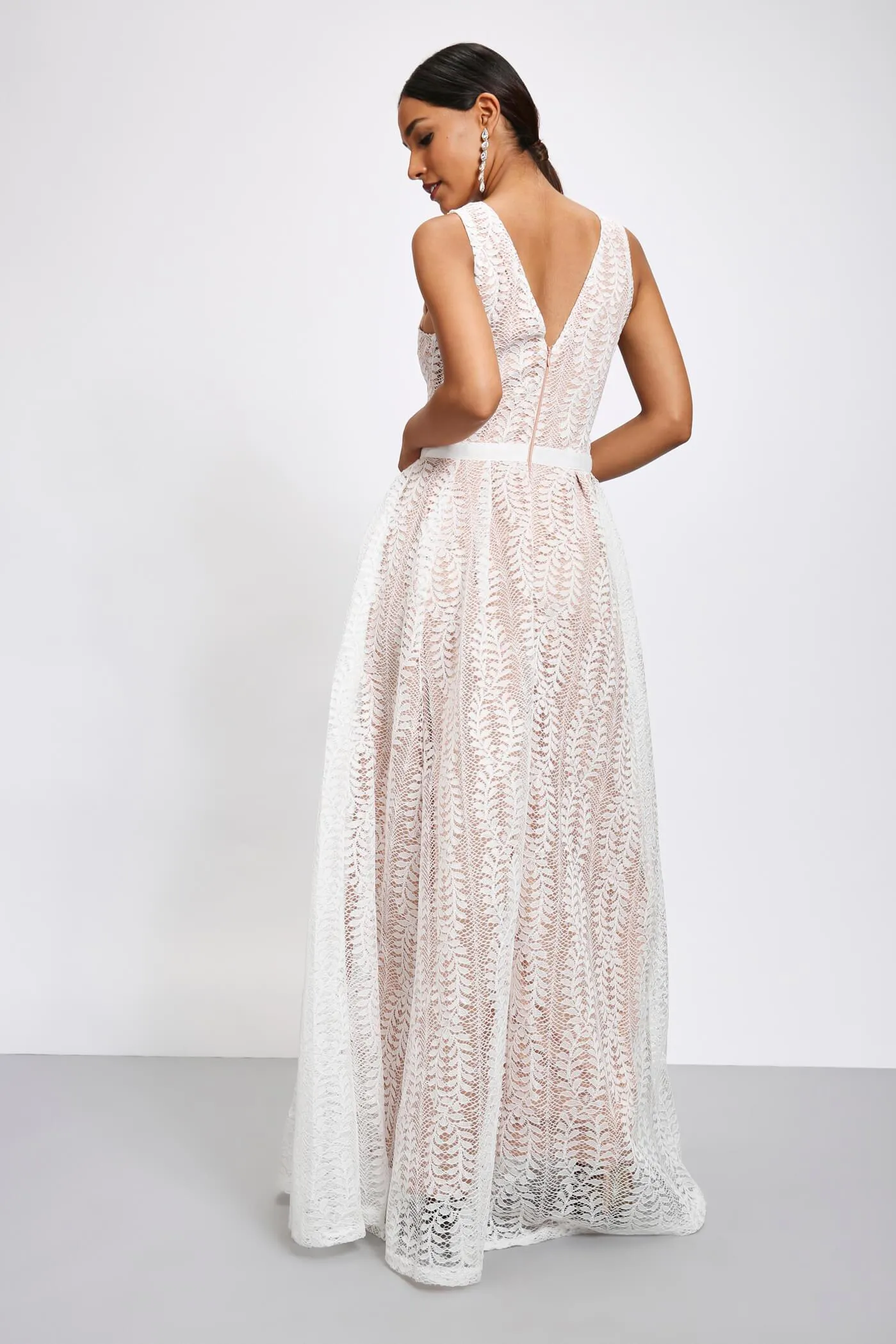 White Lace Plunge Neck Maxi Dress