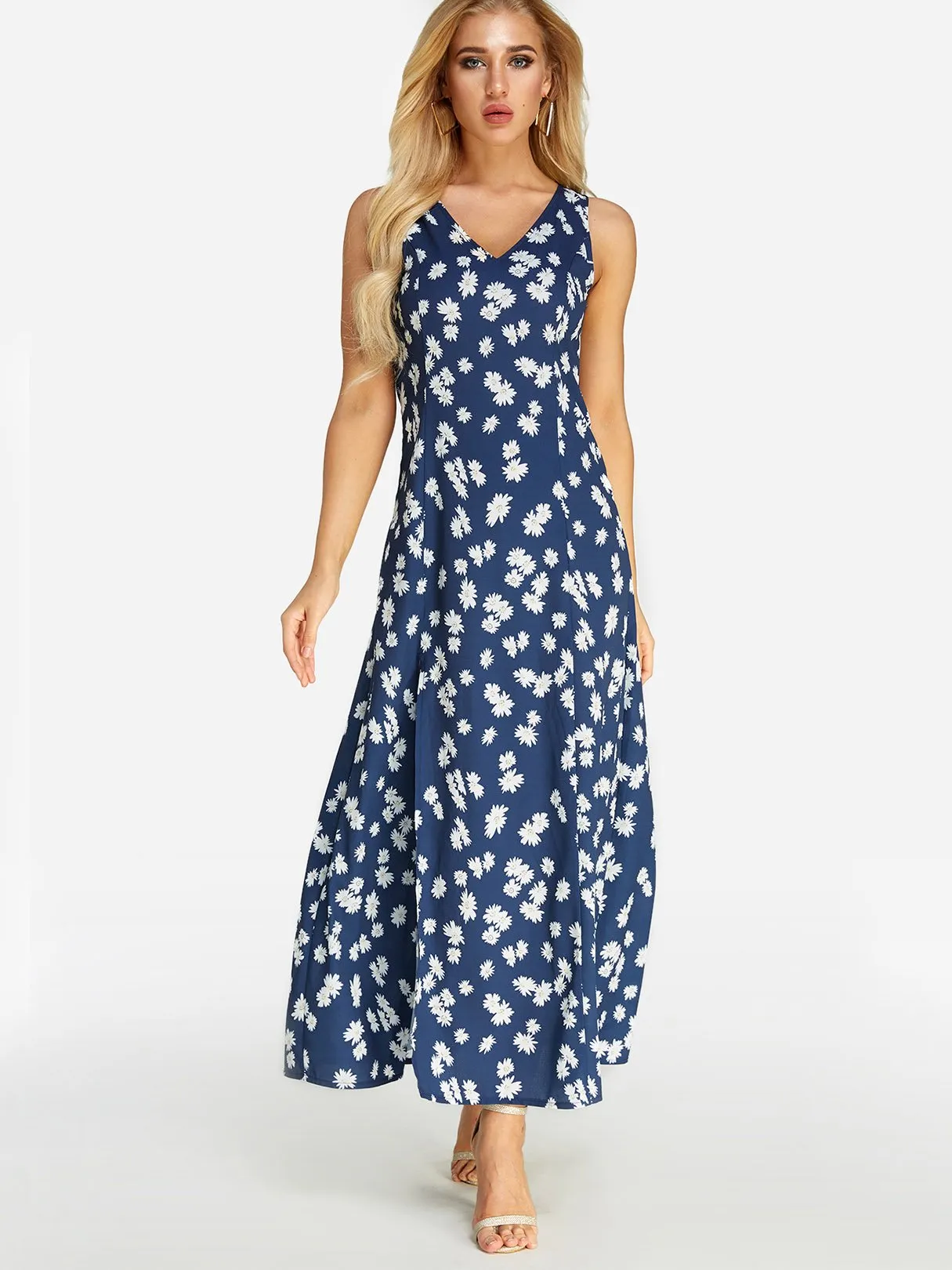 Wholesale Navy V-Neck Sleeveless Floral Print Slit Hem Maxi Dress