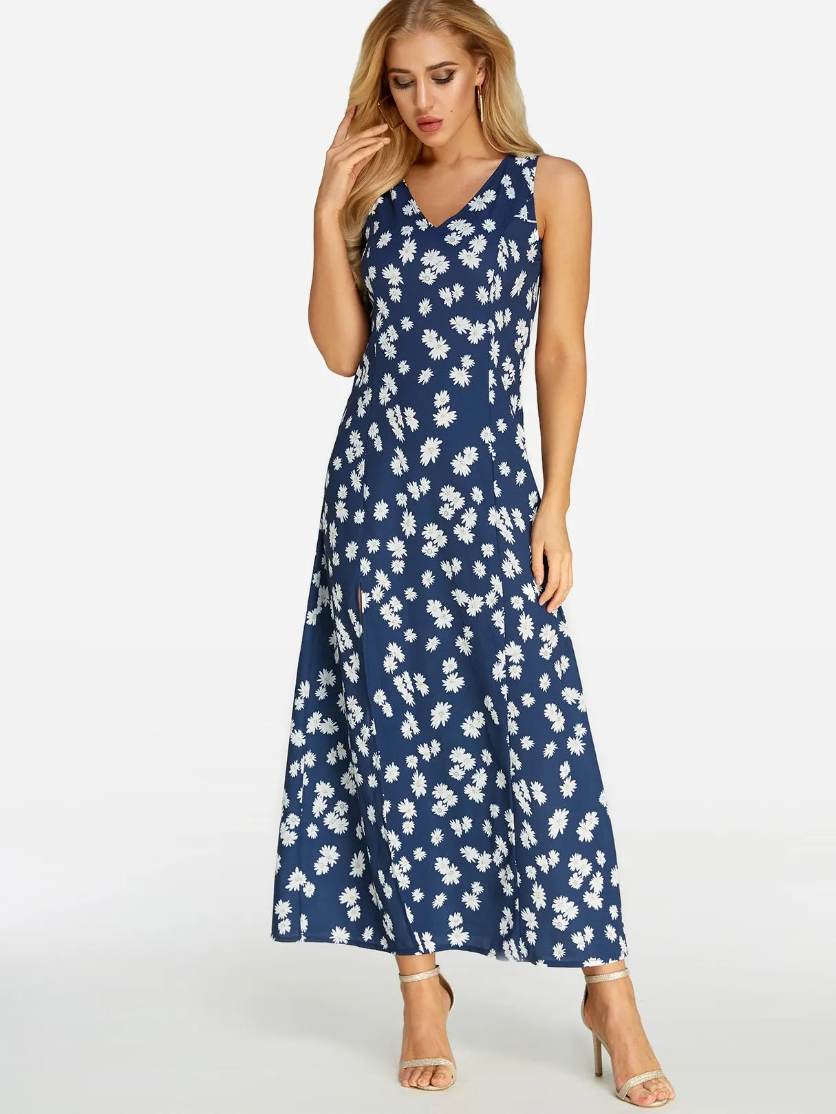 Wholesale Navy V-Neck Sleeveless Floral Print Slit Hem Maxi Dress