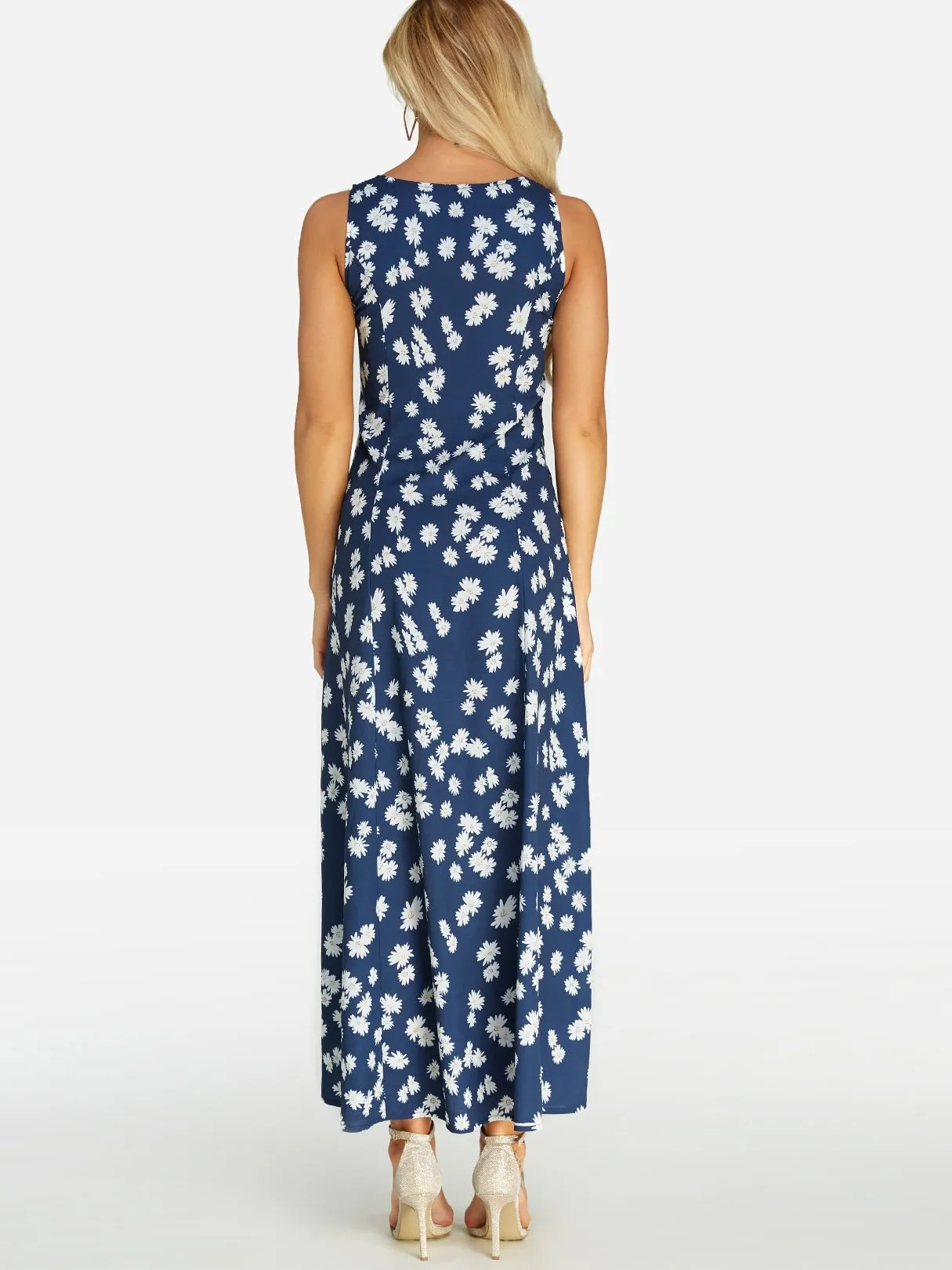 Wholesale Navy V-Neck Sleeveless Floral Print Slit Hem Maxi Dress