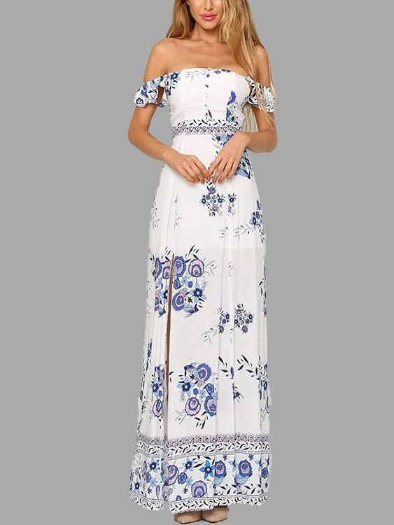 Wholesale Off The Shoulder Sleeveless Floral Print Backless Slit Hem Maxi Dress