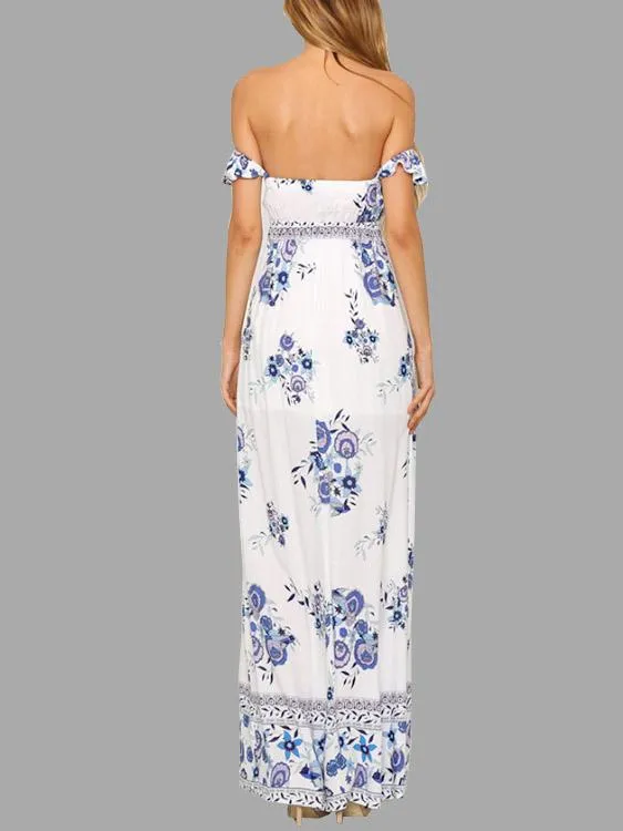 Wholesale Off The Shoulder Sleeveless Floral Print Backless Slit Hem Maxi Dress