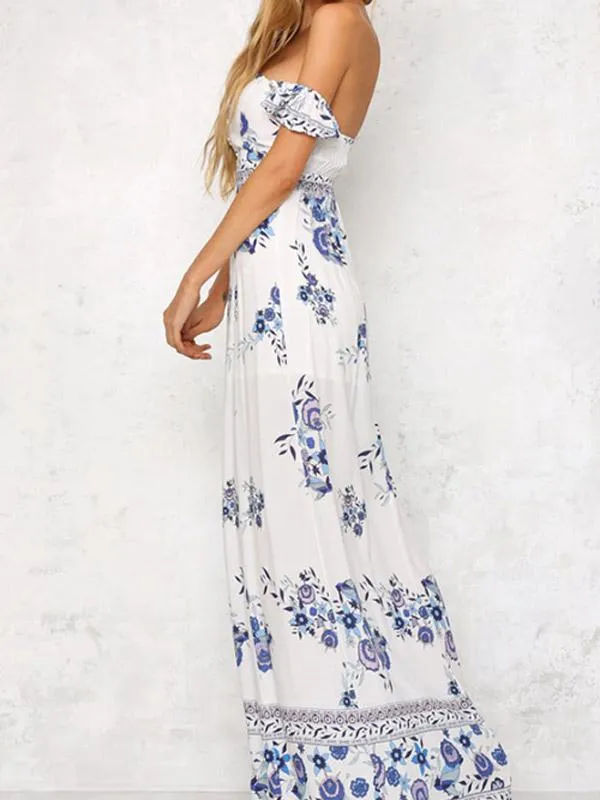 Wholesale Off The Shoulder Sleeveless Floral Print Backless Slit Hem Maxi Dress