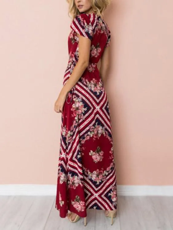 Wholesale Red Deep V-Neck Short Sleeve Floral Print Crossed Front Slit Maxi Dresses