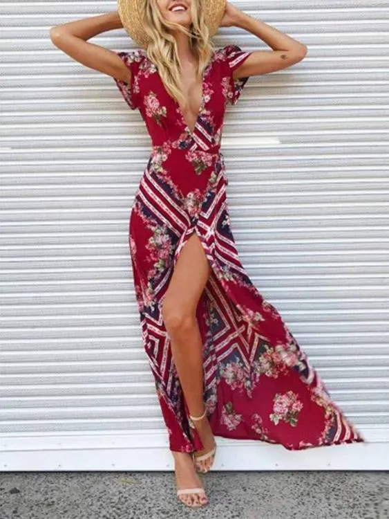 Wholesale Red Deep V-Neck Short Sleeve Floral Print Crossed Front Slit Maxi Dresses