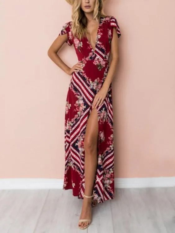 Wholesale Red Deep V-Neck Short Sleeve Floral Print Crossed Front Slit Maxi Dresses