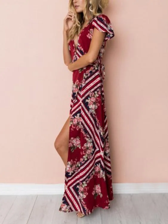 Wholesale Red Deep V-Neck Short Sleeve Floral Print Crossed Front Slit Maxi Dresses