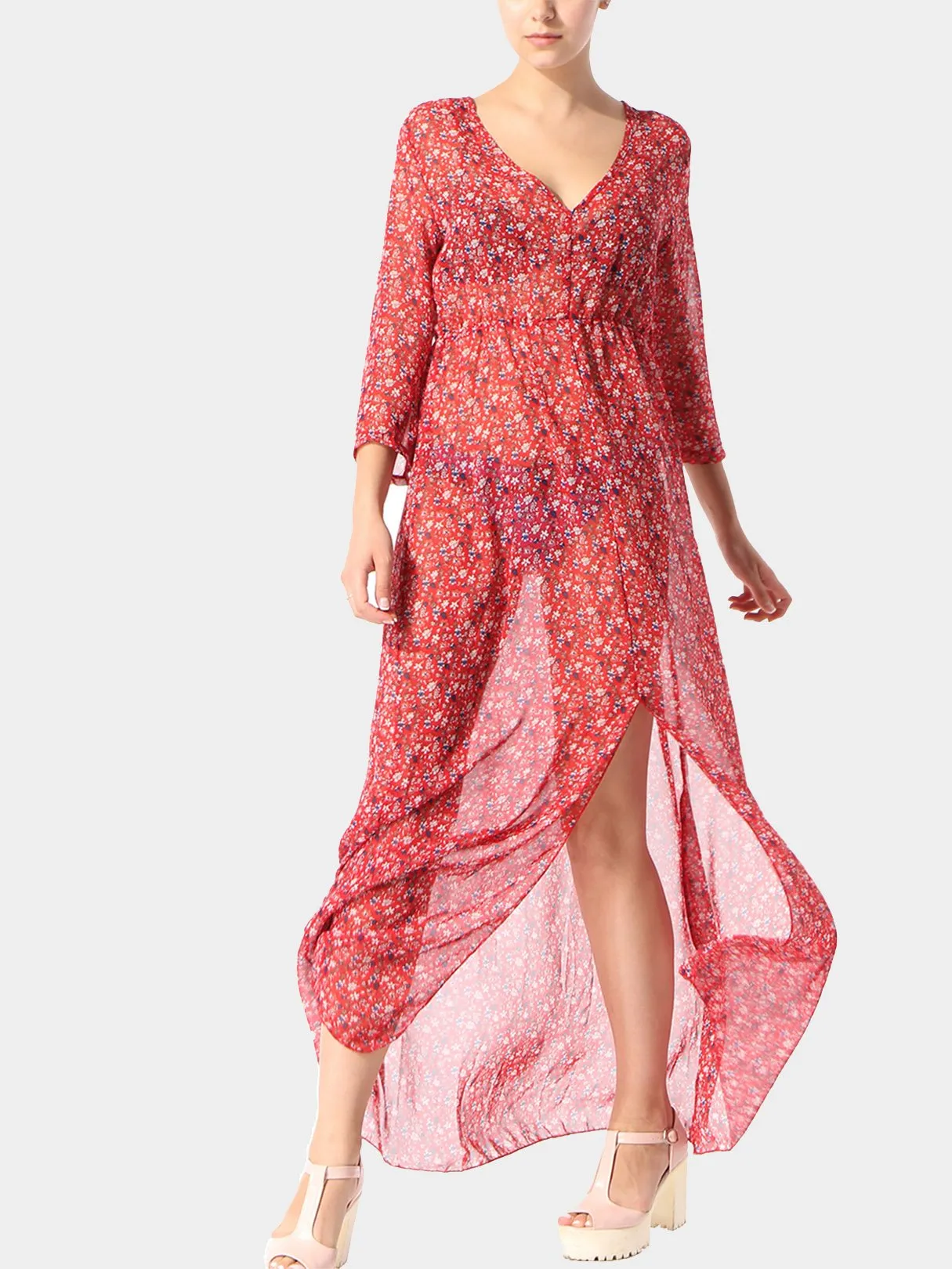 Wholesale Red V-Neck 3/4 Sleeve Length Floral Print Slit Hem Maxi Dress