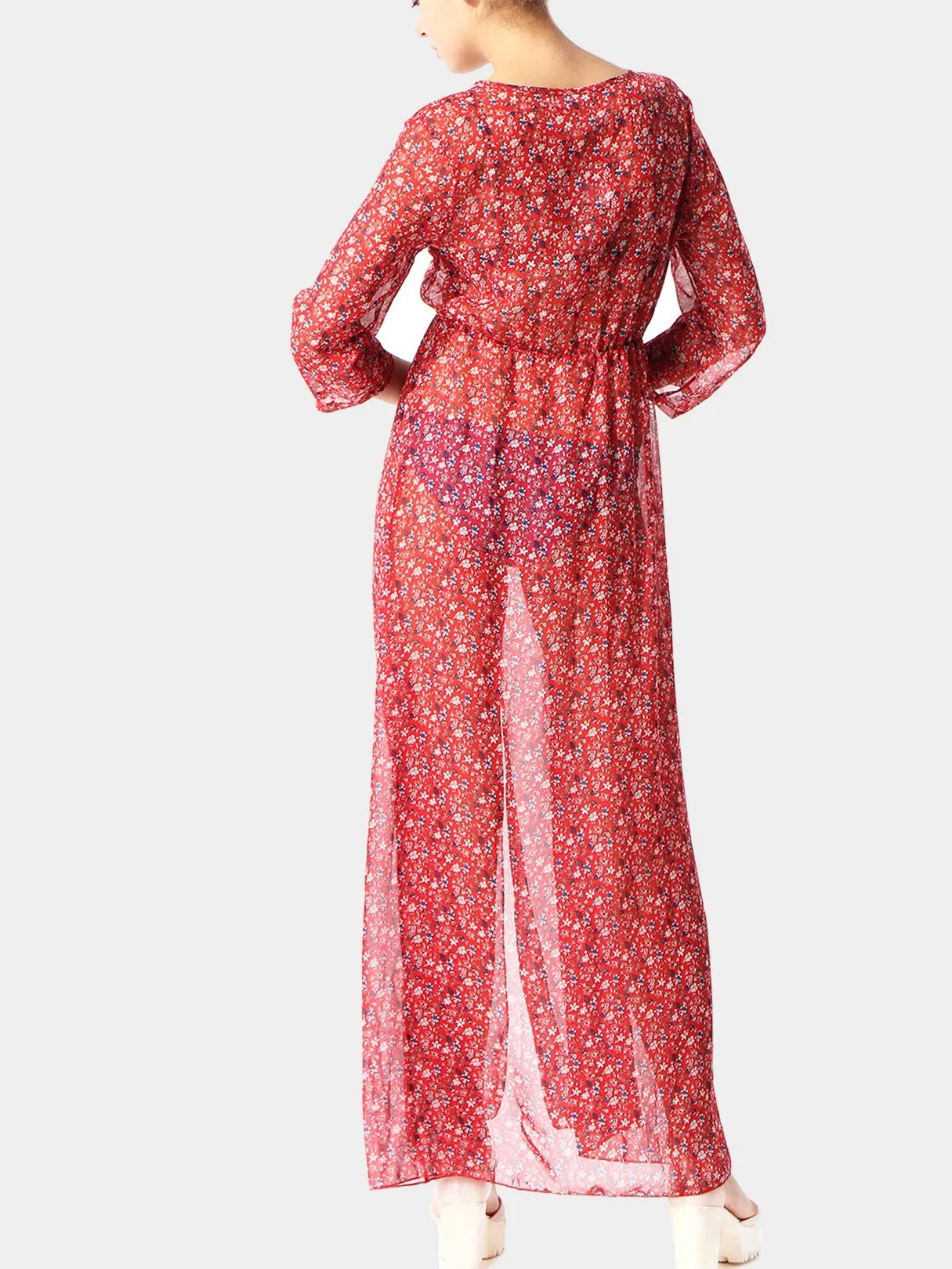 Wholesale Red V-Neck 3/4 Sleeve Length Floral Print Slit Hem Maxi Dress