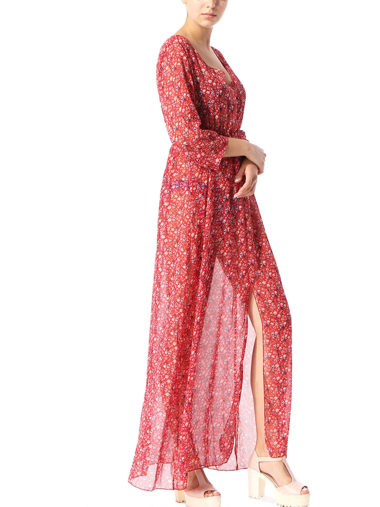 Wholesale Red V-Neck 3/4 Sleeve Length Floral Print Slit Hem Maxi Dress