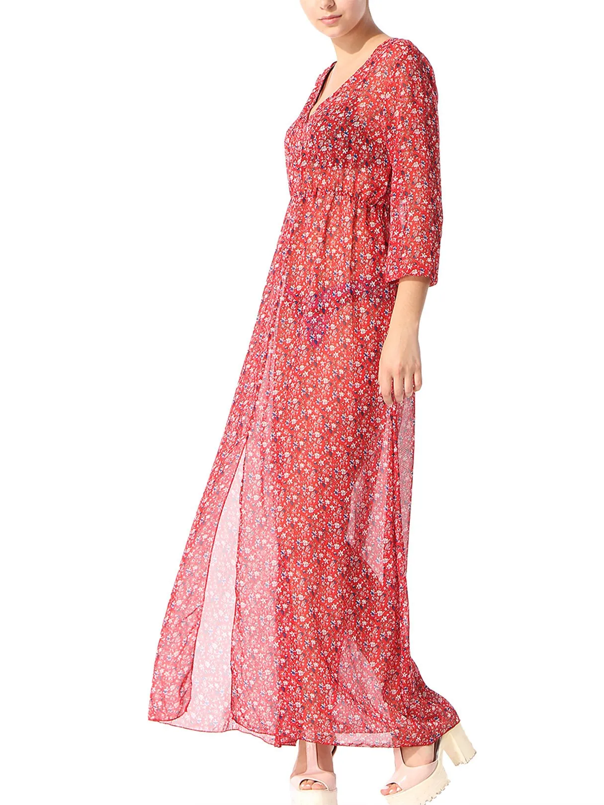 Wholesale Red V-Neck 3/4 Sleeve Length Floral Print Slit Hem Maxi Dress