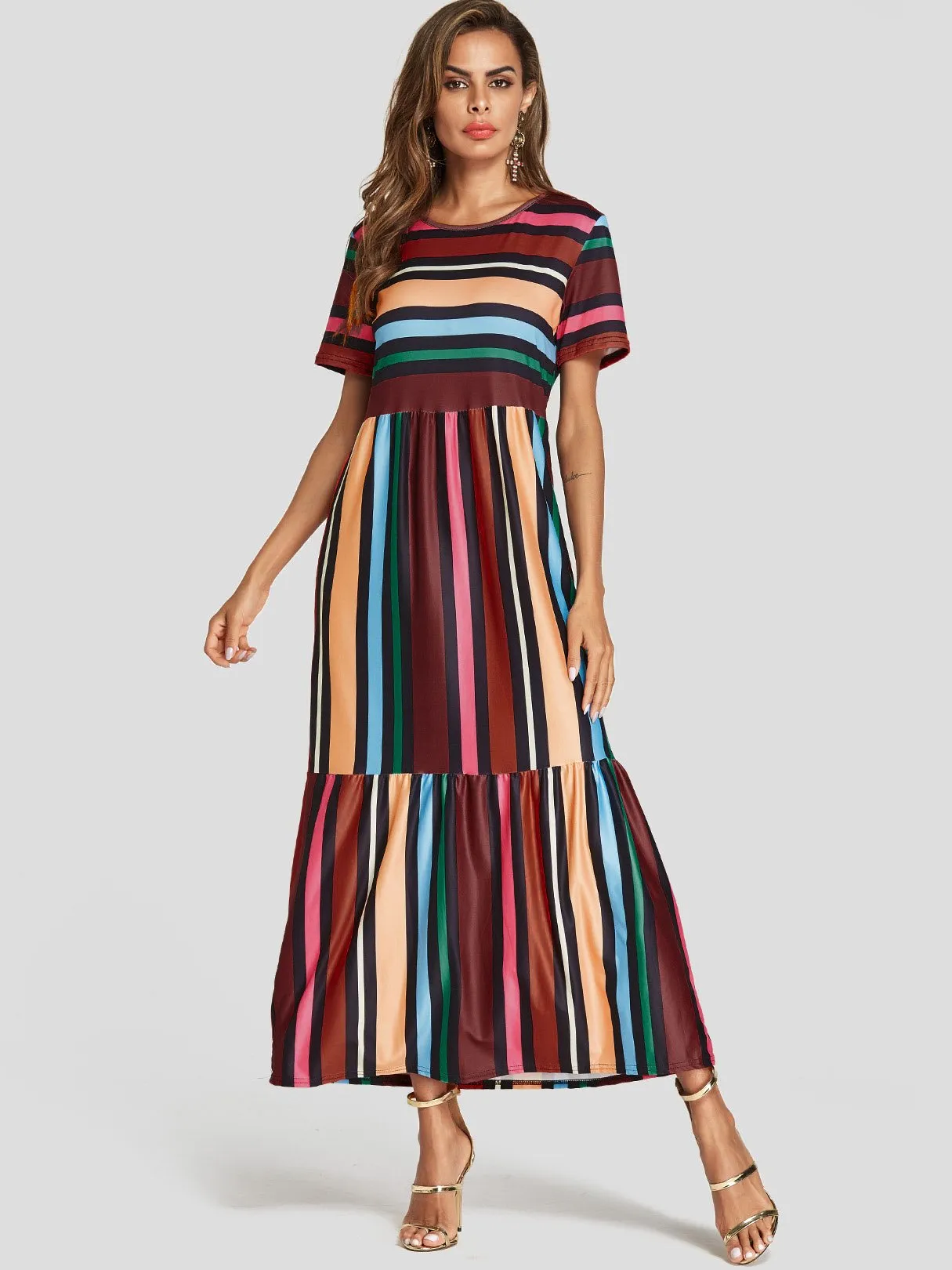 Wholesale Round Neck Short Sleeve Stripe Flounced Hem Maxi Dress