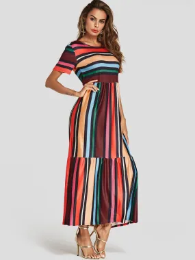 Wholesale Round Neck Short Sleeve Stripe Flounced Hem Maxi Dress