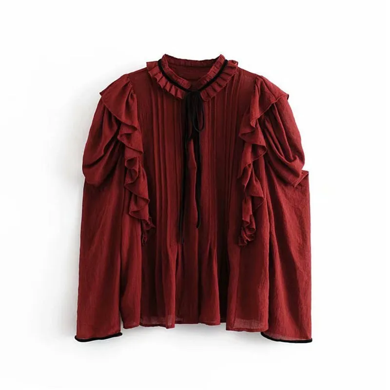 Women Bow Collar Solid Blouse Puff Long