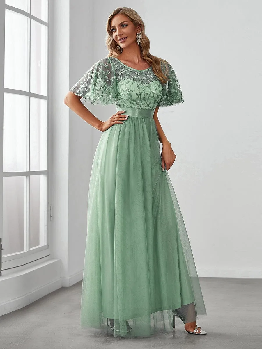 Women's A-Line Sequin Leaf Maxi Prom Dress with Sleeves