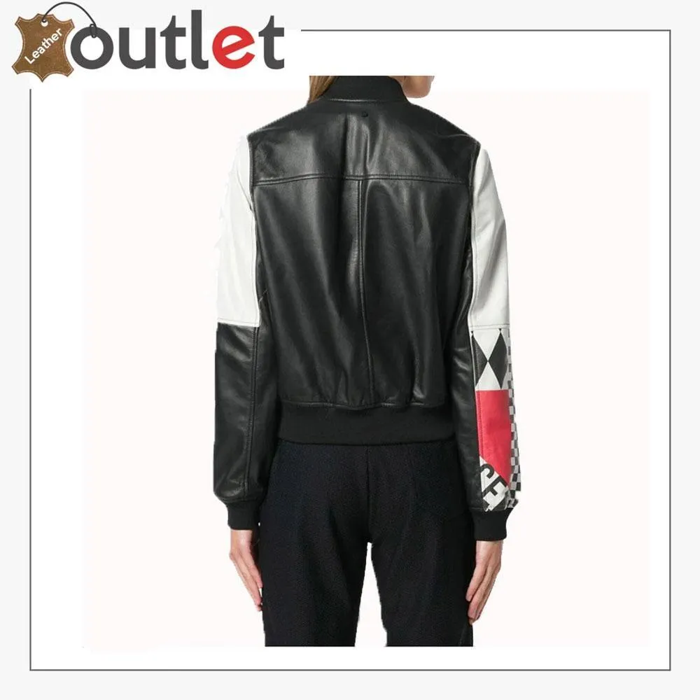 Womens Fashion Printed Bomber Leather Jacket